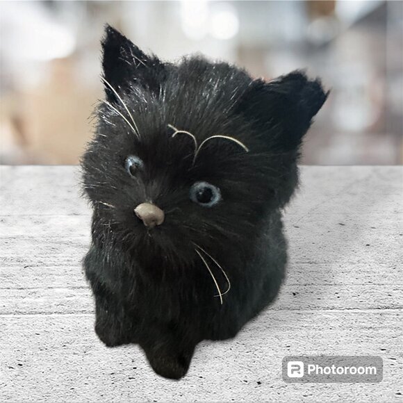 Realistic Black Furry Cat Figurine With Blue Eyes rabbit fur - Picture 1 of 2